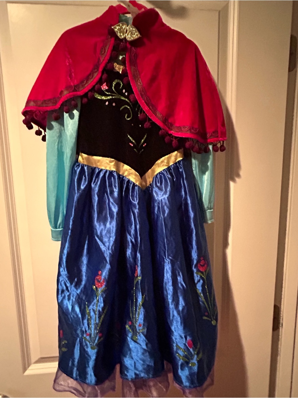Disney Girls' Red Cape Blue Satin Dress with Aqua Sleeves